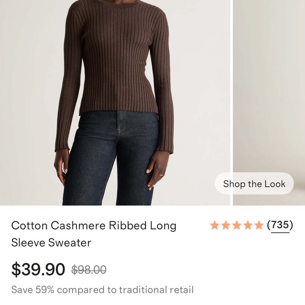 Quince Cotton Cashmere Ribbed Long Sleeve Sweater XS
- Brown
